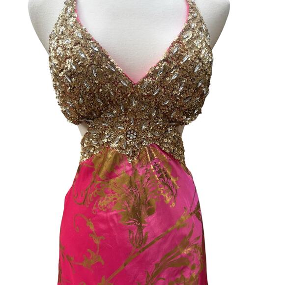 Mac Duggal Cassandra Stone Prom Dress Gown Hot Pink Gold Beaded Metallic Formal - Picture 4 of 16